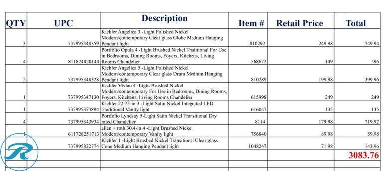 (18) New- Pallet of assorted lights, including chadeleier, pendants and vanity lights (see list in pict ) - Roller Auctions