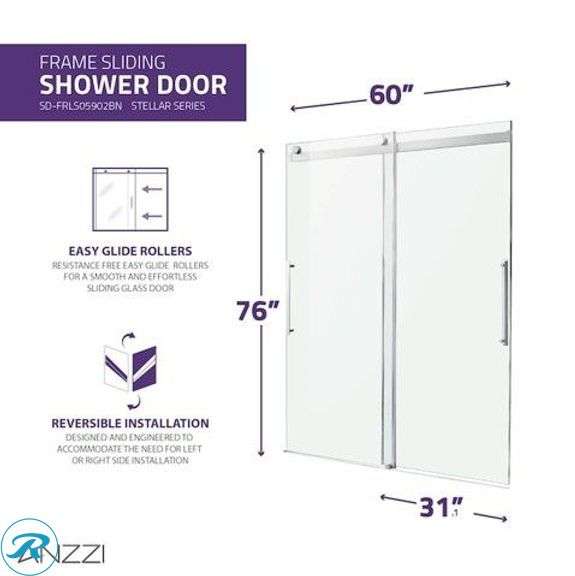 (1) New- ANZZI Stellar Brushed nickel 60-in W x 76-in H Frameless Clear Glass Sliding Shower door - Roller Auctions