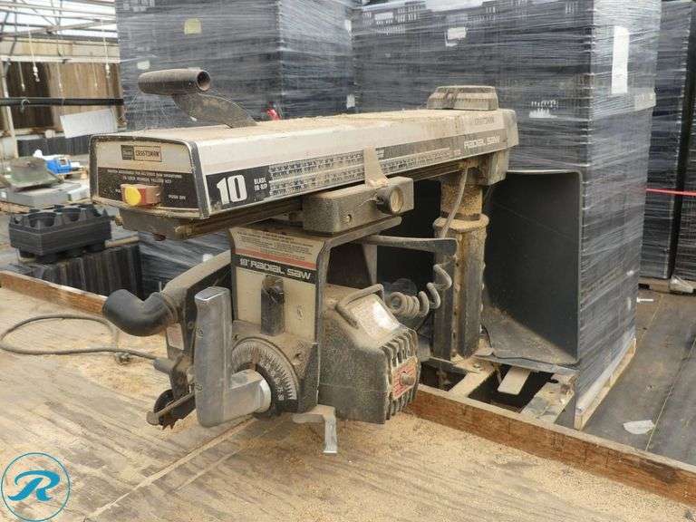 Sears Craftsman 113.197751 10″ Radial Arm Saw with Wood Bench, 8′ x 2′ - Roller Auctions