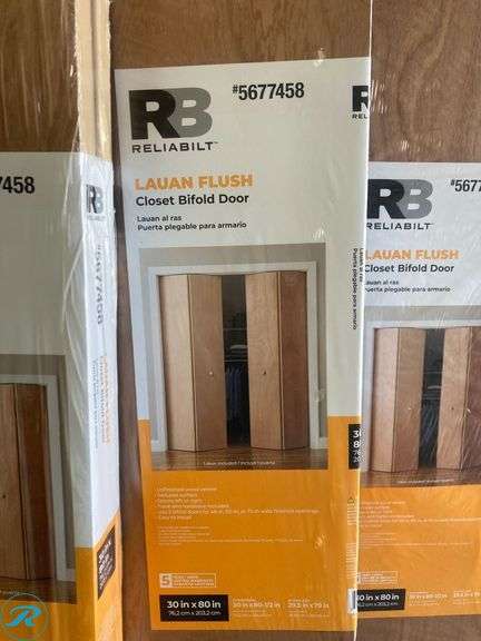 (5) New- RELIABILT 30-in x 80-in Unfinished Flush Textured Hollow core Unfinished Lauan Wood Closet Bifold Door ( Hardware Included ) (Total of 5 Doors) - Roller Auctions