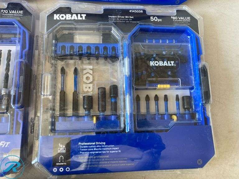 (5) New- (2) Kobalt XTR Impact Screw Driver Bit Set 40 pc (1) Kobalt 14-pc X black and White gold coated HSS Jabber length Twist Drill bit Set (1) Kobalt Impact Driver bit set 50pcs (1) Kobalt 20pcs standard and metric mechanics tool set with hard care (total of 5 items) - Roller Auctions