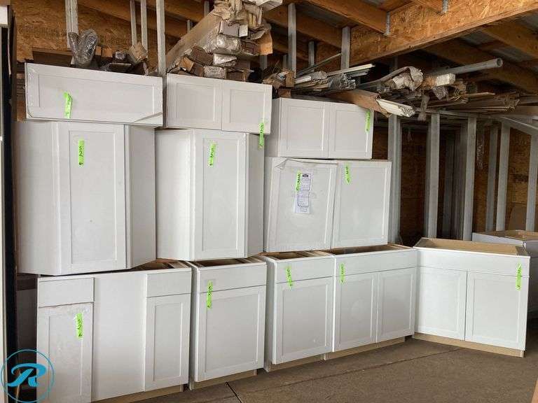 (12) Cabinets -  Wall Cabinets (1) 12" x 30" x 12 (2) 24" x 30" x 12" Base Cabinets (1) 36" x 36" x 24" Corner Cabinets (2) 36" x 36" x 24" diagonal Corner wall (1) wall cabinet double door 30" x 14" x 12" (1) wall double door 36" x 18" x 12" (2) Base 21" x 35" x 23.75" (1) Base zinc Cabinet 36" x 35" x 23.75 (1) Base 36" x 35" x 23.75 (has some minor damage and Stains SEE PHOTOS)