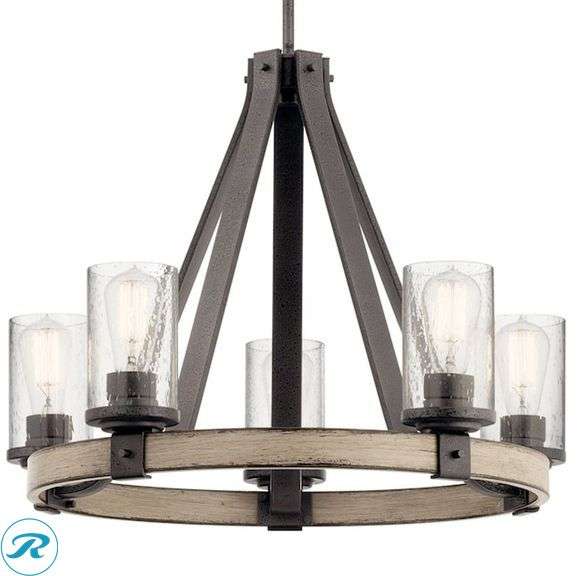 (1) New- Kichler Barrington 5 -Light Distressed Gray Rustic For Use in Bedrooms, Dining Rooms, Foyers, Kitchens, Living Rooms Chandelier ( box has damage but product is perfect) - Roller Auctions