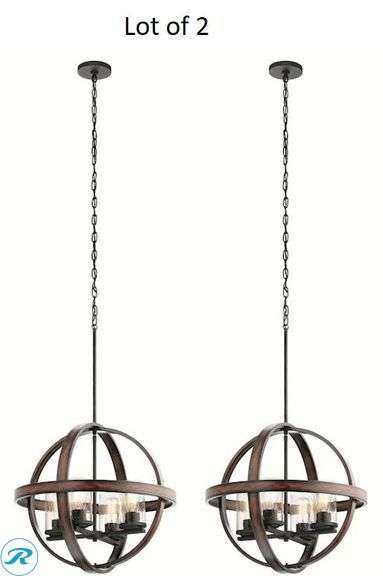 (1) New- Kichler Barrington 4 -Light Distressed Black and Wood Tone Rustic Seeded glass Globe Medium Hanging Pendant light - Roller Auctions