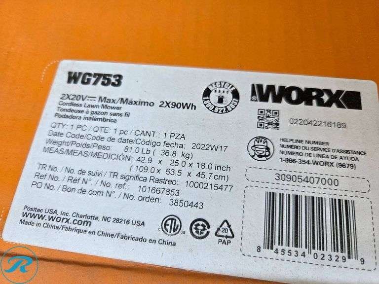 New Worx WG753 40V Cordless Lawn Mower with Power Share Pro Batteries - Roller Auctions