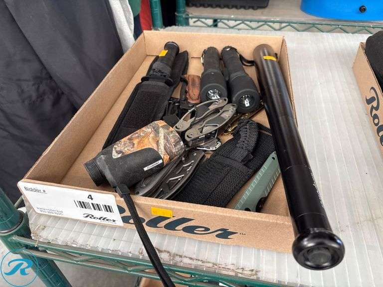 Box Lot of Flashlights, Folding Knives, Tactical Gear, and Accessories
