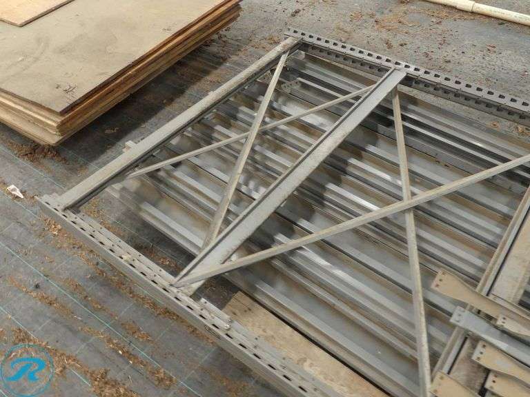 Metal Shelving Unit: (3) Uprights, 96″ x 48″, 8′ Crossmembers and Pallet of Wood Shelves - Roller Auctions