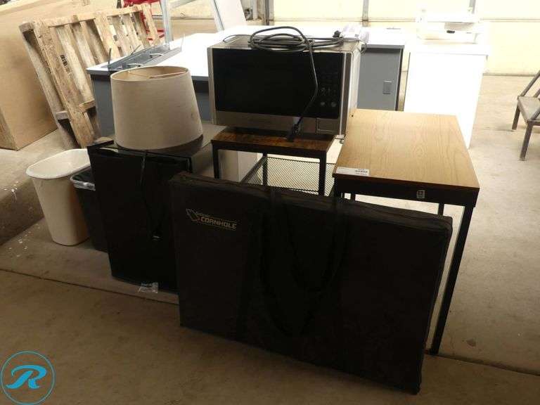 Microwave, Mini Fridge, Table, Lamp Shade, Trash Bins, and Cornhole Set - Roller Auctions
