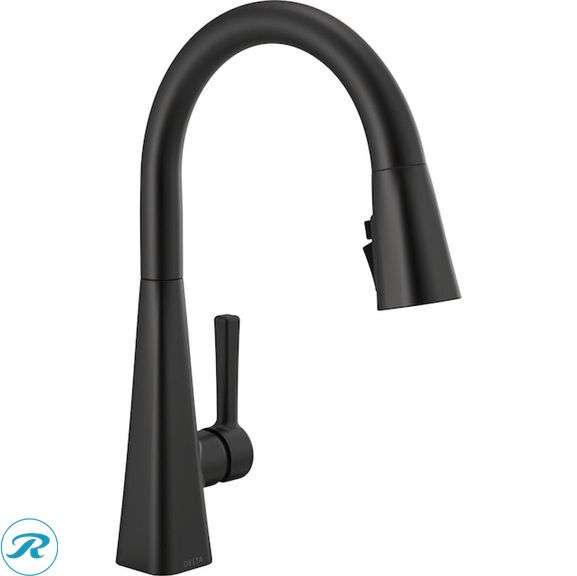 (1) New- Delta Lenta Matte Black Single Handle Deck-mount Pull-down Kitchen Faucet with Sprayer ( Deck Plate Included ) (total of 1)