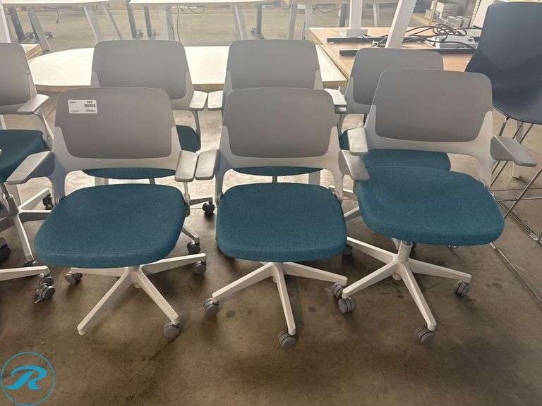 (6) Knoll Otto Office Chairs with White Frames and Blue Upholstered Seats - Roller Auctions