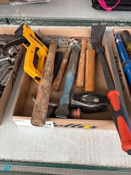 Hand Tools Including Dewalt Staple Gun and Various Hammers
