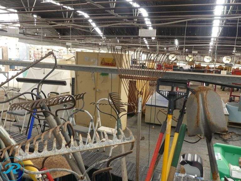 (3) Barrels of Garden and Yard Tools Including Rakes, Shovels, and Hoes - Roller Auctions