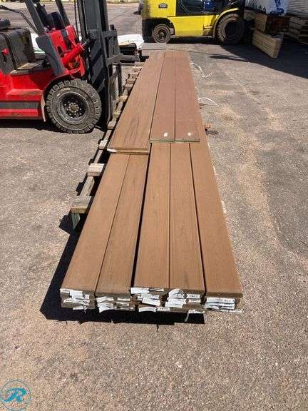 (30) New- (23) Trex Transcent Linage 1" x 6" x 20ft Jasper square composite Deckboard (4) Fiberon Good Life 3/4" x 7.25" x 12ft Cabin square composite riser (3) Trex Transcent Linage 1" x 12" x 12ft Jasper composite Fascia Board - Roller Auctions