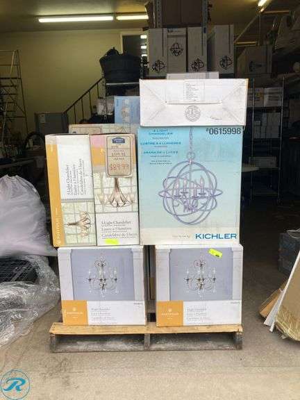 (18) New- Pallet of assorted lights, including chadeleier, pendants and vanity lights (see list in pict ) - Roller Auctions