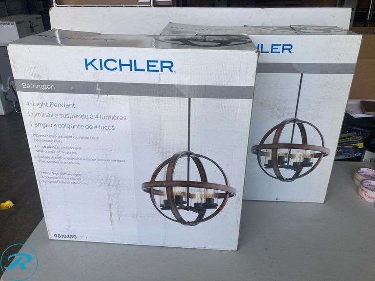 (2) New-Kichler Barrington 4 -Light Distressed Black and Wood Tone Rustic Seeded glass Globe Medium Hanging Pendant light - Roller Auctions