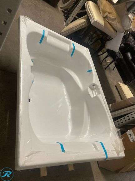 (1) New- Laurel Mountain Seneca lV 42.0-in x 60.0-in White Acrylic Hourglass Alcove Soaking Bathtub ( Back center Drain )(side pillows not included) - Roller Auctions