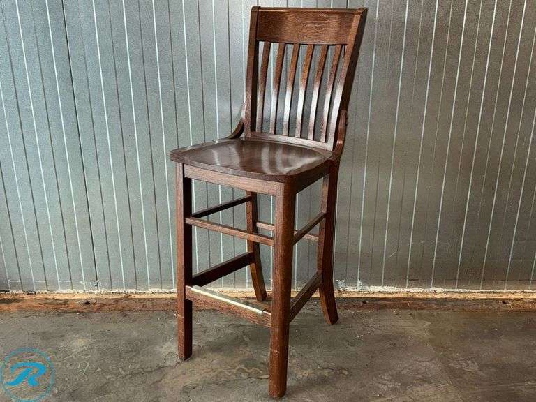 (21) Wood Bar Stools with Slatted Backrests and Brass Footguard