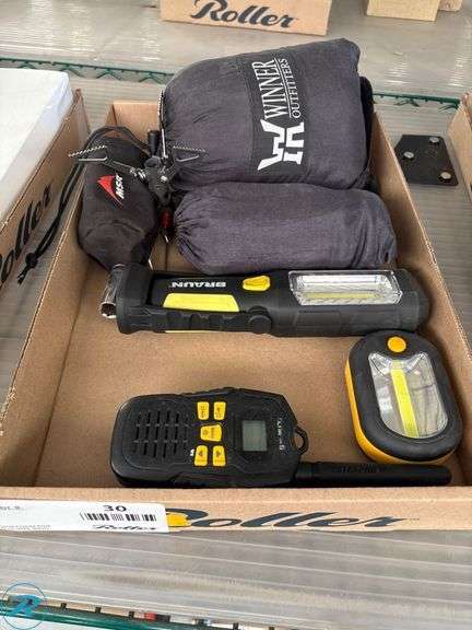 Box Lot with Braun LED Work Light, Walkie Talkie, MSR Stove, and Winner Outfitters Camping Gear