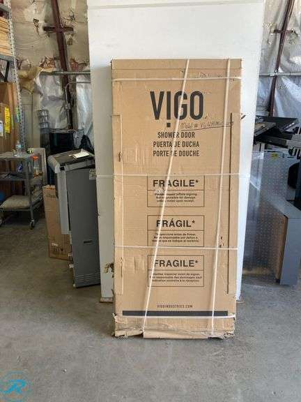 (1) New- VIGO Elan Matte Brushed Gold 56-in to 60-in W x 74-in H Frameless Clear Glass Sliding Shower door (total of 1) - Roller Auctions