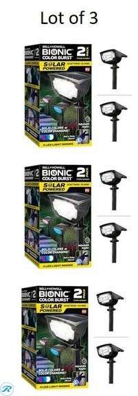 (8) New- (2) BELL + HOWELL 110 -Degree 3 -Wattage Equivalent Solar LED Black 1 -Head Motion-Activated Flood Light with Timer (3) BELL + HOWELL 2 -Pack Bionic Lighting 44 -Lumens 0.5 -Watt Black Solar LED Outdoor Path Light ( 6000-K ) (3) BELL + HOWELL 4 -Pack BELL+HOWELL Color Changing 10 -Lumens 2 -Watt Black Solar LED Outdoor Path Light ( (Total of 8 items) - Roller Auctions
