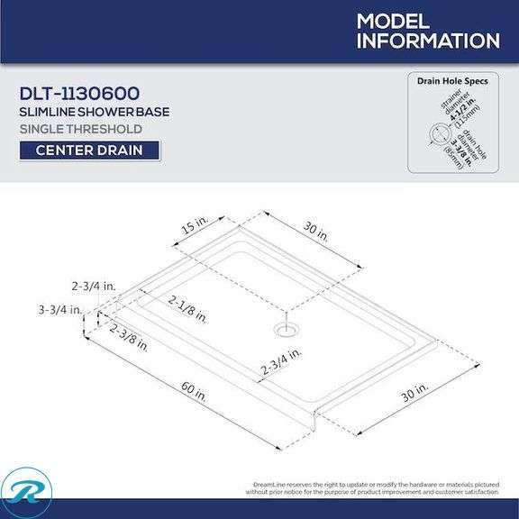 (1) New- DreamLine SlimLine 30-in W x 60-in L Center White Single Threshold Rectangle Shower Pan Base with 2.75-in H Threshold - Roller Auctions