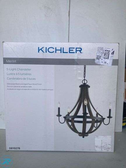 (1) New-Kichler Merlot 5 -Light Distressed Black Farmhouse For Use in Bedrooms, Dining Rooms, Foyers, Kitchens, Living Rooms Chandelier - Roller Auctions