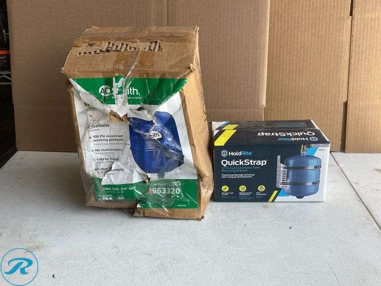 (2) New- (1) A.O. Smith 2.0-Gallon Vertical Well Pressure Tank (1) HoldRite Quick Strap 13-in -Dia Stainless steel Expansion tank mounting bracket For 5-Gallon For Expansion tank Water Heater (Total of 2 items) - Roller Auctions