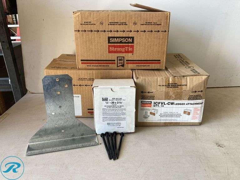 (4) New- (3) Simpson Strong-Tie 7-in 16 -Gauge Galvanized Steel Strap Wood to concrete (retrofit) 10-pack (1) Simpson Strong 1/4" 3/58 20 - pack (total of approx 4 items) - Roller Auctions