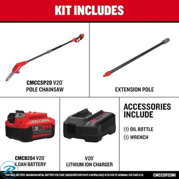 (1) New- CRAFTSMAN V20 20-volt max 8.0-in 4 Ah Battery Pole Saw Battery Included , Charger Included (Total of 1) - Roller Auctions