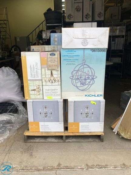 (18) New- Pallet of assorted lights, including chadeleier, pendants and vanity lights (see list in pict ) - Roller Auctions
