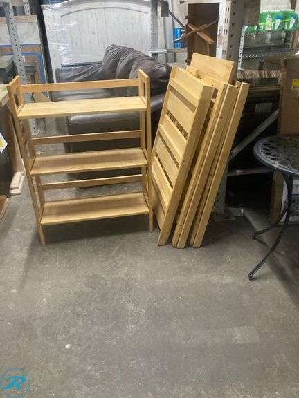 (5) Casual Home 3 shelf folding bookcase natural wood 38.5" x 28.5" (2 are unassembled Some minor scratches and stains See photos)