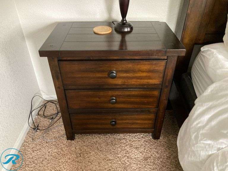 (5) King Bedroom Set:  (1) King size bed frame headboard and footboard (2) Night Stands (1) Dresser vanity with Mirror (1) table lamp) - Roller Auctions