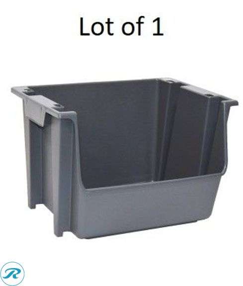 (9) New- (4) Project Source Project Source Medium 16 -Gallons ( 64 -Quarts ) Black/Black Heavy Duty Stackable Tote with Hinged Lid (4) Project Source ( 16.21-in W x 14.49-in H x 31.3-in D ) Black Plastic Stackable Bin (1) Project Source ( 16-in W x 12-in H x 19-in D ) Gray Plastic Stackable Bin - Roller Auctions