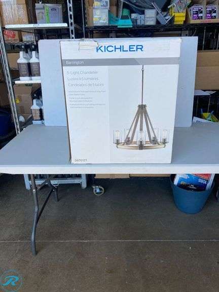 (1) New- Kichler Barrington 5 -Light Distressed Gray Rustic For Use in Bedrooms, Dining Rooms, Foyers, Kitchens, Living Rooms Chandelier ( box has damage but product is perfect) - Roller Auctions