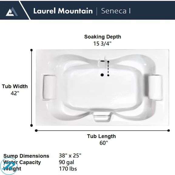 (1) New- Laurel Mountain Seneca lV 42.0-in x 60.0-in White Acrylic Hourglass Alcove Soaking Bathtub ( Back center Drain )(side pillows not included) - Roller Auctions