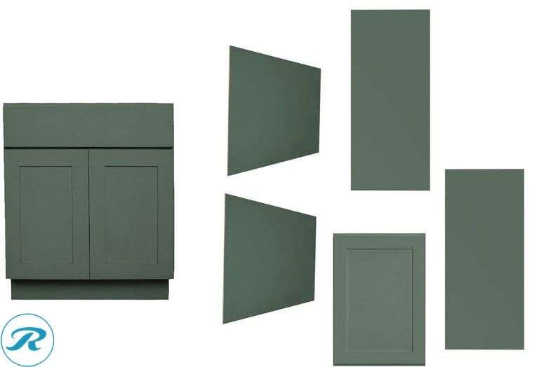 (6) Cabinets (1) RELIABILT Monroe 36-in W x 34.5-in H x 24-in D Basil Green Base Ready to assemble (RTA) Plywood Cabinet (Recessed Panel Shaker) (2) RELIABILT Cabinet End Panel 48-in W x 36-in H x 0.47-in D Basil Green Painted (Wall Cabinet End Panel) (2) RELIABILT Cabinet End Panel 42-in W x 96-in H x 0.25-in D Basil Green Painted (1) Reliabilt 18" x 30" x 12" d Basil Green  Ready to assemble plywood cabinet (total of 6 cabinets)