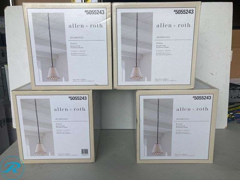 (4) New- allen + roth Sevierville 1 -Light Bronze Rustic Cone Mini Hanging Pendant light - Roller Auctions