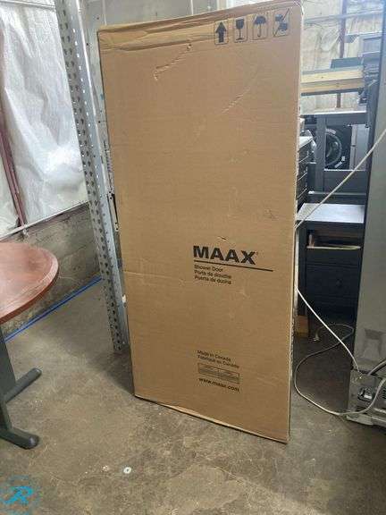 (1) New- MAAX Oxford Chrome 28-in to 32-in W x 64.5-in H Framed Pivot Shower door 5/32-in Thick Rain Glass (total of 1) - Roller Auctions