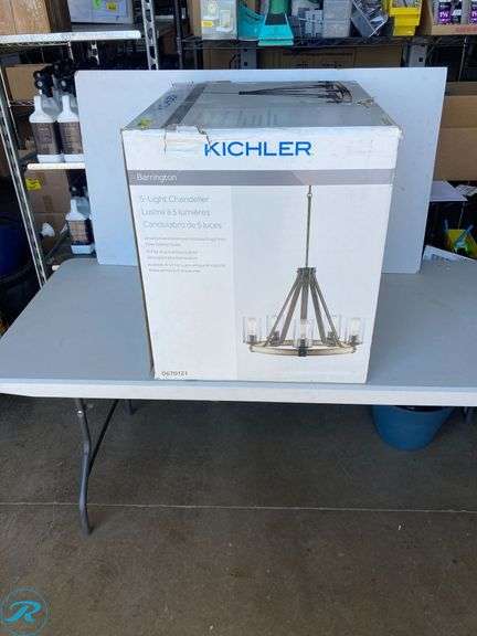 (1) New- Kichler Barrington 5 -Light Distressed Gray Rustic For Use in Bedrooms, Dining Rooms, Foyers, Kitchens, Living Rooms Chandelier ( box has damage but product is perfect) - Roller Auctions