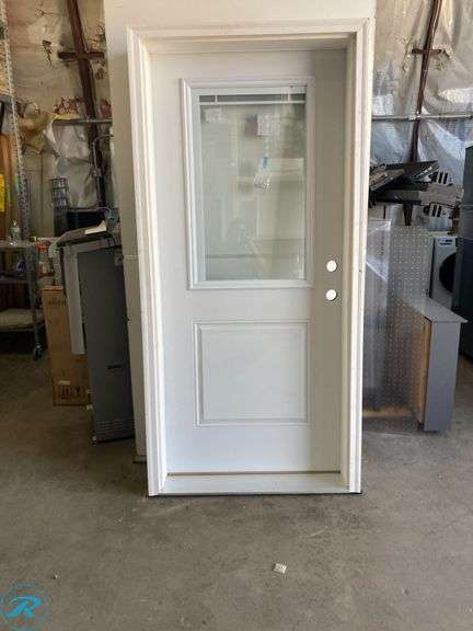(1) New- RELIABILT 36-in x 80-in x 6-9/16-in Steel Half lite Left-hand inswing Primed Prehung Front Door with Brickmould Insulating core with Blinds (total of 1) - Roller Auctions