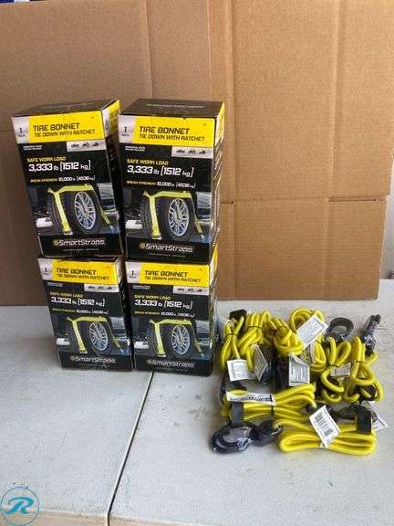 (12) New- (4) SmartStraps 2-in x 6-ft Tie Down 10000-lb Break Strength (8) SmartStraps Assorted Length Adjustable Bungee Cord with Hooks (Total of 12 items) - Roller Auctions