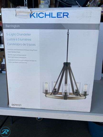 (1) New- Kichler Barrington 5 -Light Distressed Gray Rustic For Use in Bedrooms, Dining Rooms, Foyers, Kitchens, Living Rooms Chandelier ( box has damage but product is perfect) - Roller Auctions