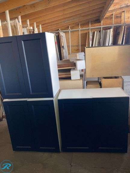 (3) Cabinets (1) Hugo&Borg Lorette 33-in W x 34.5-in H x 14-in D Navy Blue Base Fully assembled Cabinet (Recessed Panel Shaker) (2) Hugo&Borg Lorette 27-in W x 34.5-in H x 14-in D Navy Blue Base Fully assembled Cabinet (Recessed Panel Shaker) - Roller Auctions