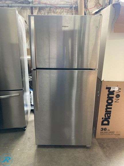 (1)  Whirlpool 18.2-cu ft Top-Freezer Refrigerator ( Monochromatic Stainless Steel ) (some minor scratches minor dent see photos) - Roller Auctions