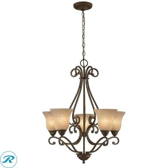 (1) New- Portfolio Linkhorn 5-Light Iron Stone Vintage Dry rated Chandelier - Roller Auctions