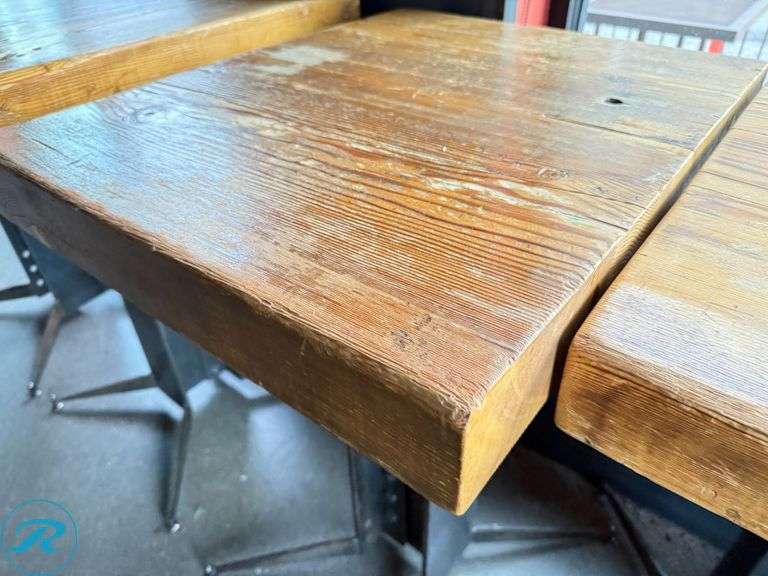 (2) Custom Built Wood Bar Height Tables with Metal Bases, 30″ x 24″ x 3.5″ Thick - Roller Auctions