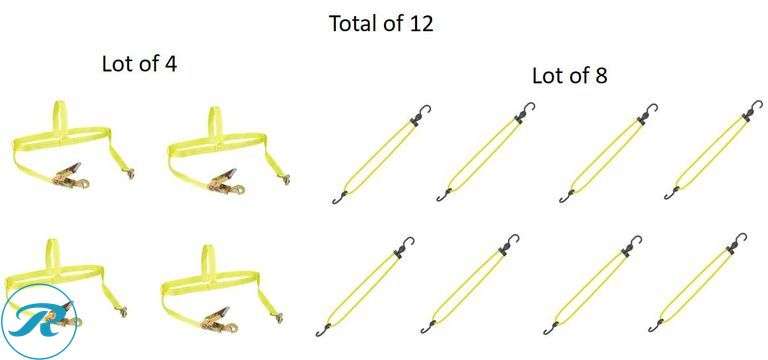 (12) New- (4) SmartStraps 2-in x 6-ft Tie Down 10000-lb Break Strength (8) SmartStraps Assorted Length Adjustable Bungee Cord with Hooks (Total of 12 items) - Roller Auctions