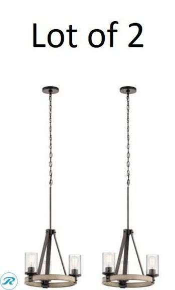 (2) New- Kichler Barrington 3 -Light Distressed Gray Rustic For Use in Bedrooms, Dining Rooms, Foyers, Kitchens, Living Rooms Chandelier - Roller Auctions