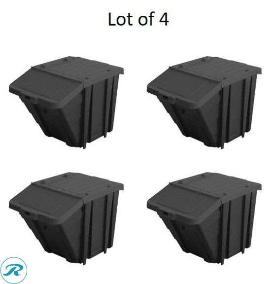 (9) New- (4) Project Source Project Source Medium 16 -Gallons ( 64 -Quarts ) Black/Black Heavy Duty Stackable Tote with Hinged Lid (4) Project Source ( 16.21-in W x 14.49-in H x 31.3-in D ) Black Plastic Stackable Bin (1) Project Source ( 16-in W x 12-in H x 19-in D ) Gray Plastic Stackable Bin - Roller Auctions