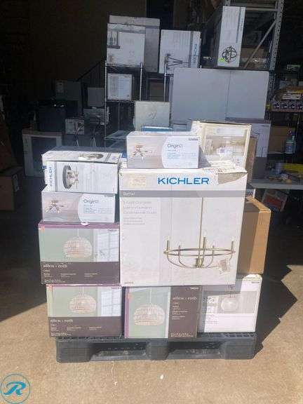 (35) -New - Assorted Pallet of different designer lamps, chandeliers and flush mount (Retail of $3957) See Photos for item list) - Roller Auctions